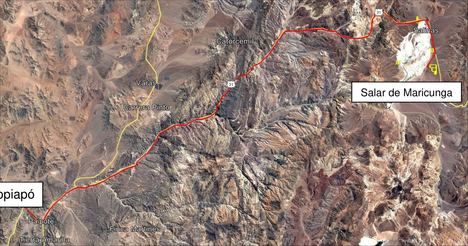 Imagen satelital del camino de acceso desde Copiapó al salar