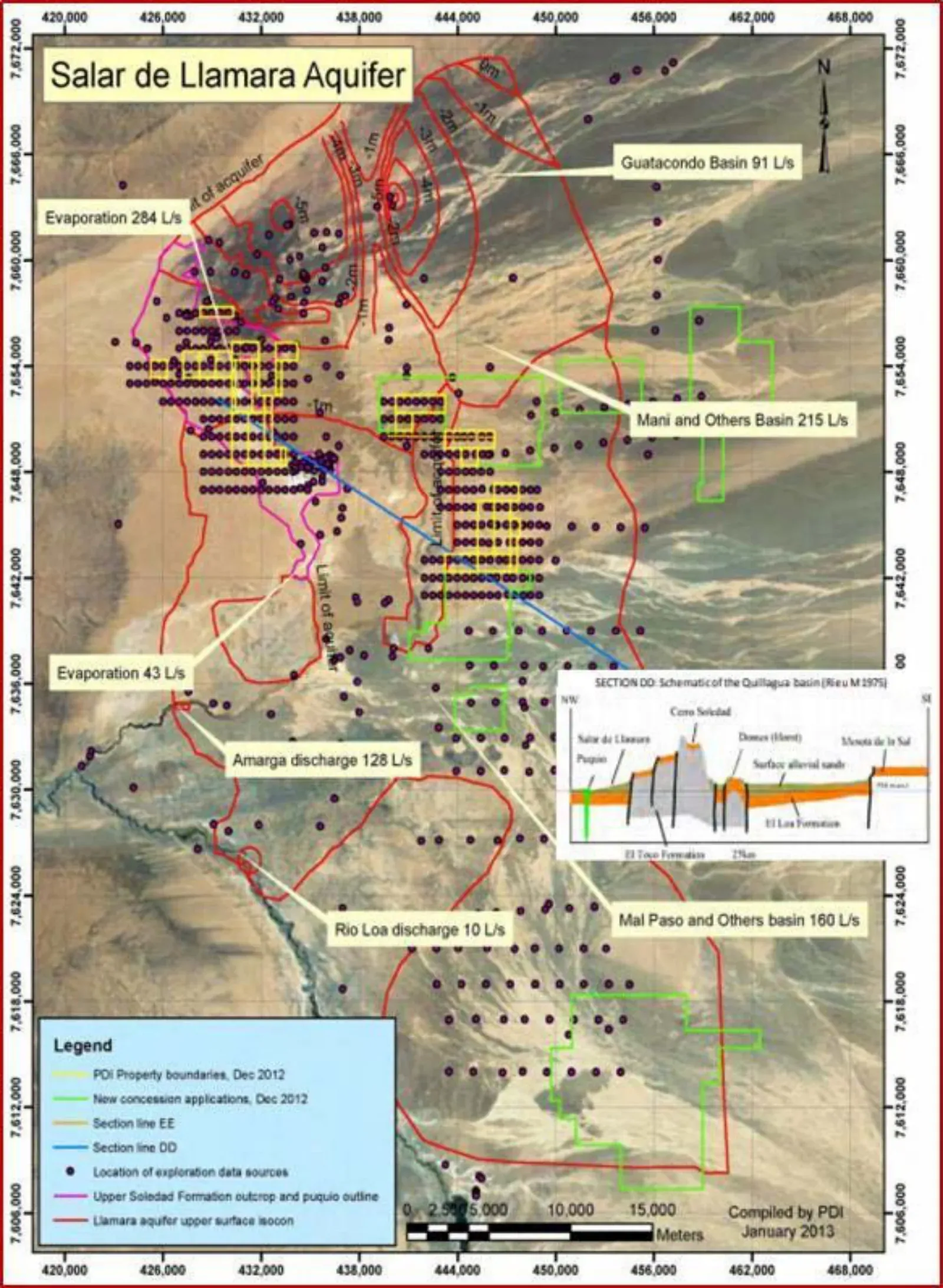 Mapa del acuífero del Salar de Llamara con cargas y descargas