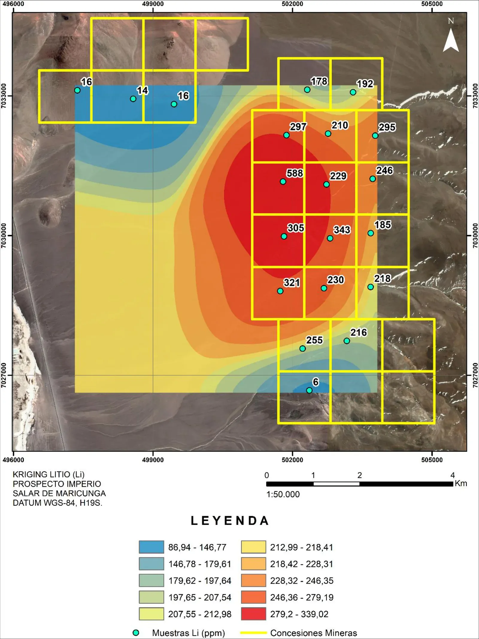Mapa kriging de concentración de litio en ppm sobre las concesiones