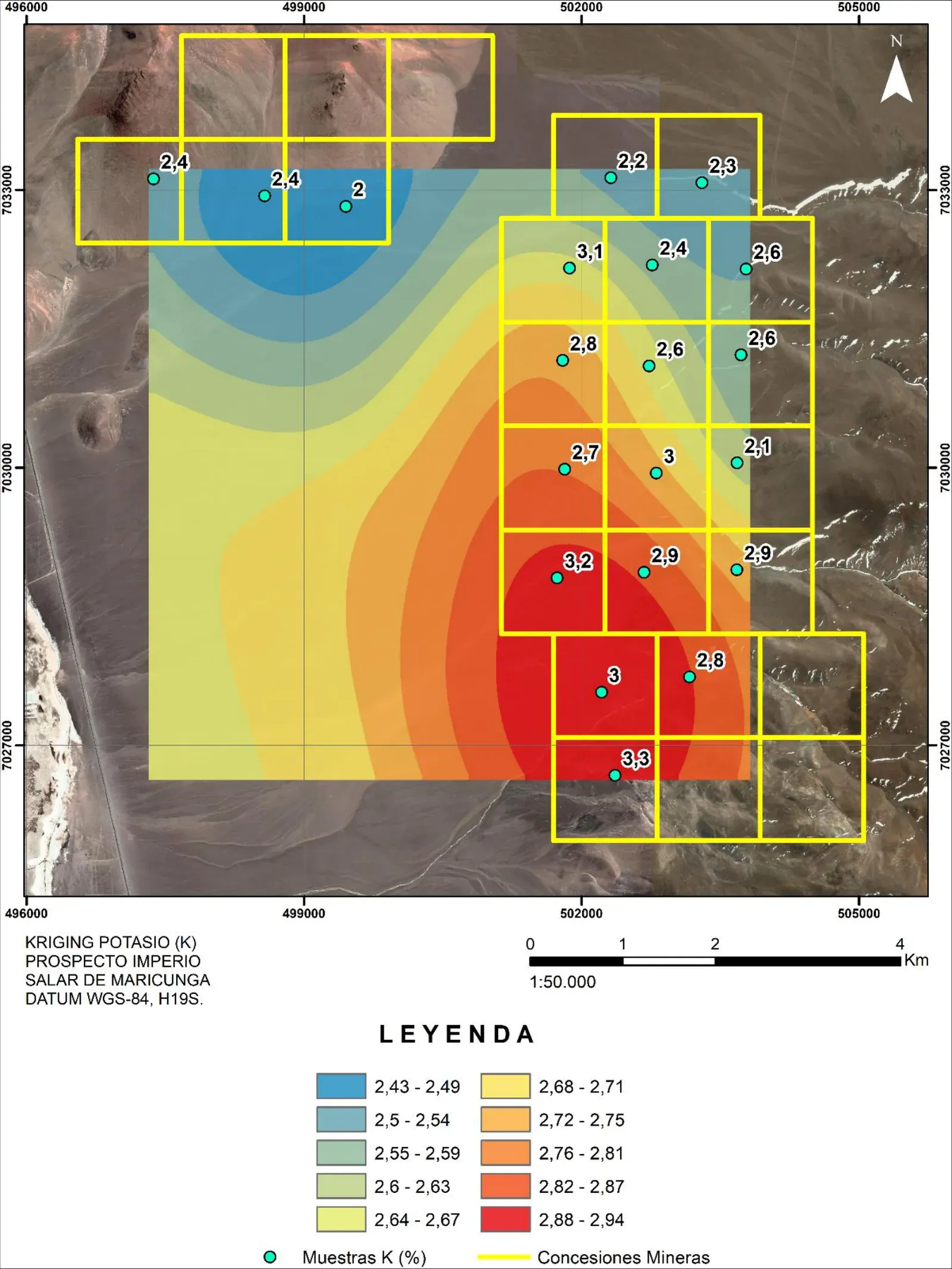 Mapa kriging de concentración de potasio en porcentaje