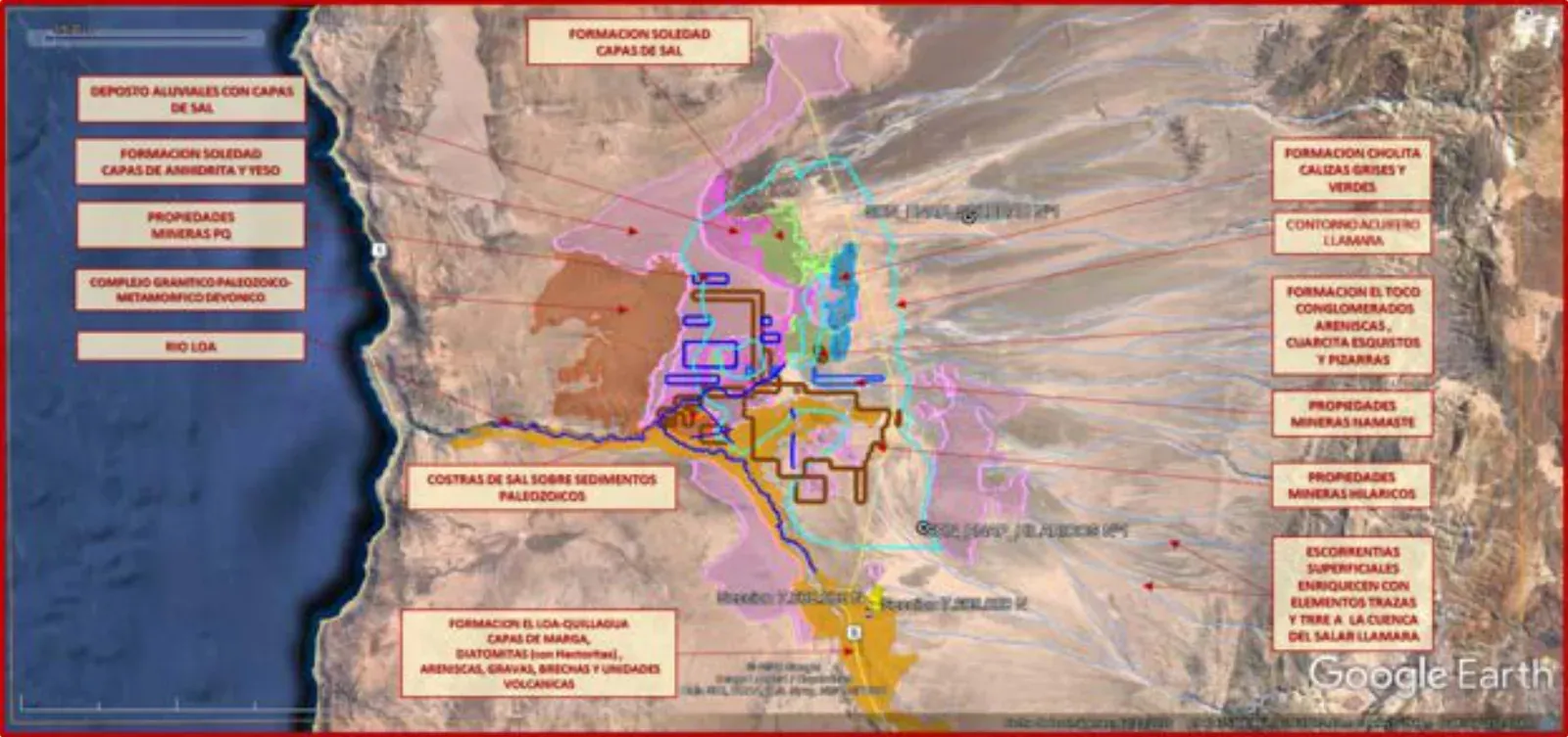 Mapa geológico con las propiedades Hilaricos, sondajes ENAP y el acuífero de Llamara