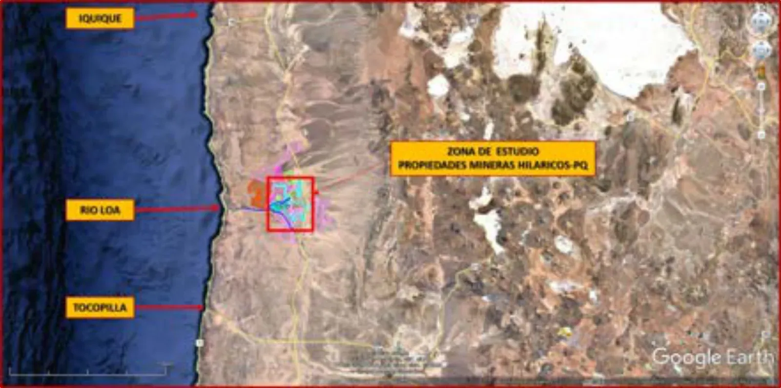 Mapa de ubicación y acceso al área de interés en la costa de Tarapacá