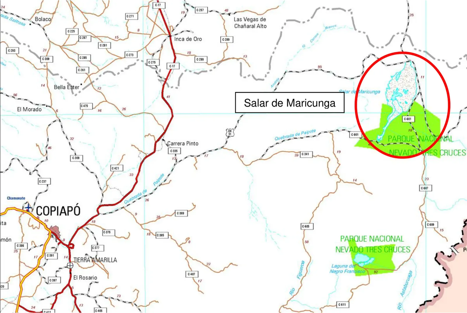 Mapa de ubicación del Salar de Maricunga respecto de Copiapó
