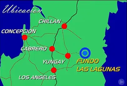 Mapa de ubicación del fundo respecto de Concepción, Chillán, Yungay y Los Ángeles
