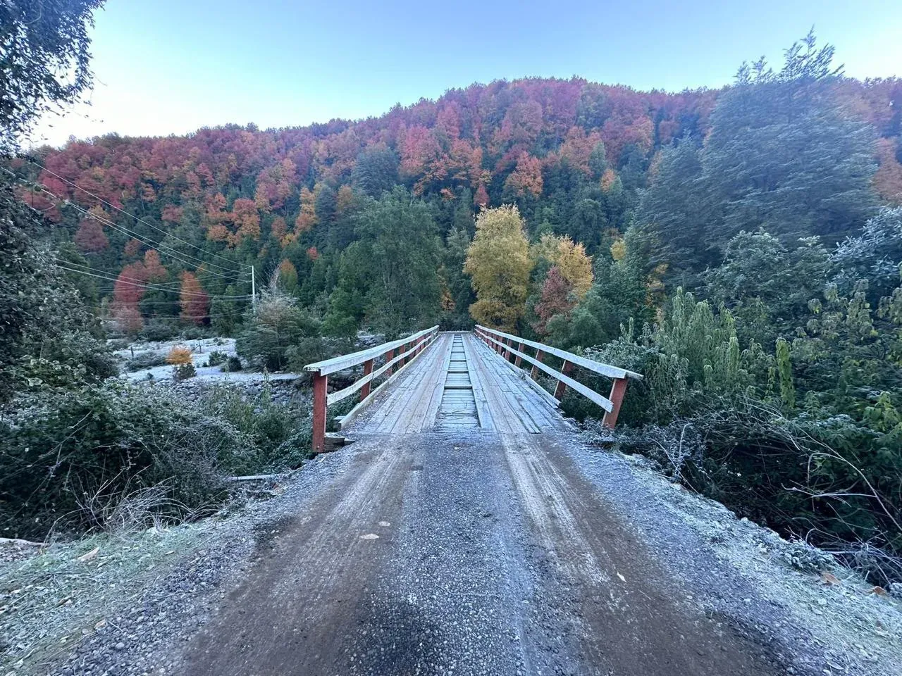 Puente de madera del fundo con escarcha y bosque nativo en colores de otoño