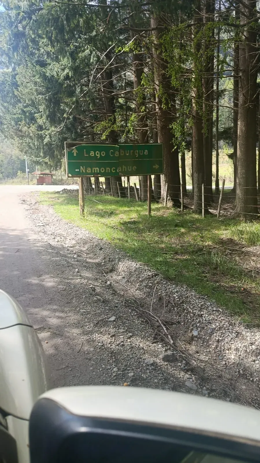 Señal caminera que indica Lago Caburgua al frente y Namoncahue a la derecha