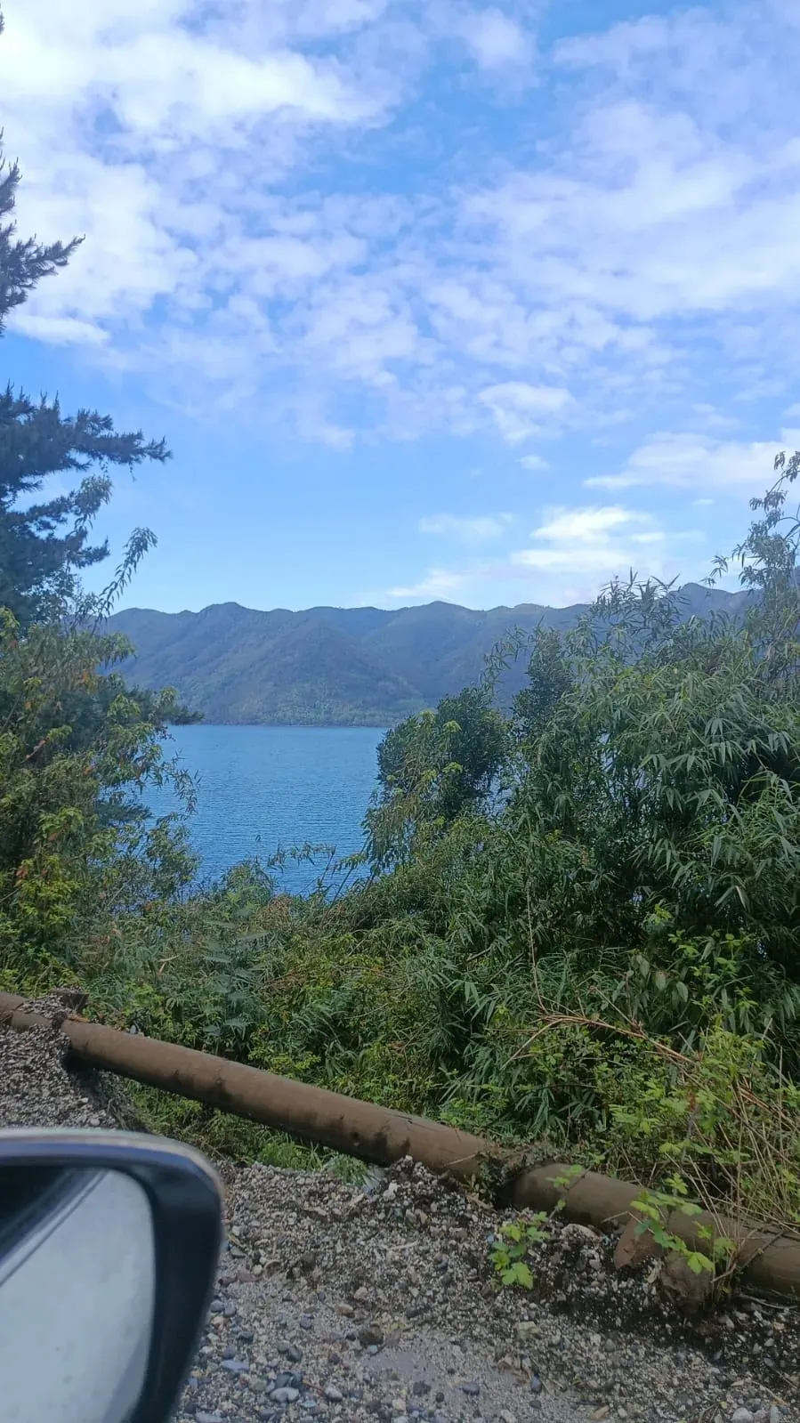 Vista del Lago Colico entre la vegetación, con cerros boscosos al fondo
